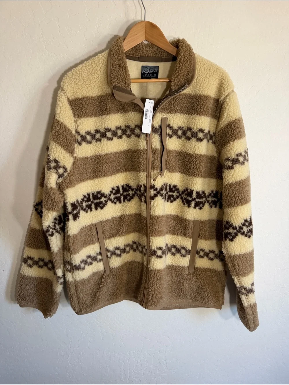 J.Crew Nordic Sherpa Fleece Full Zip Jacket Fair Isle Tan Beige Size XL NWT